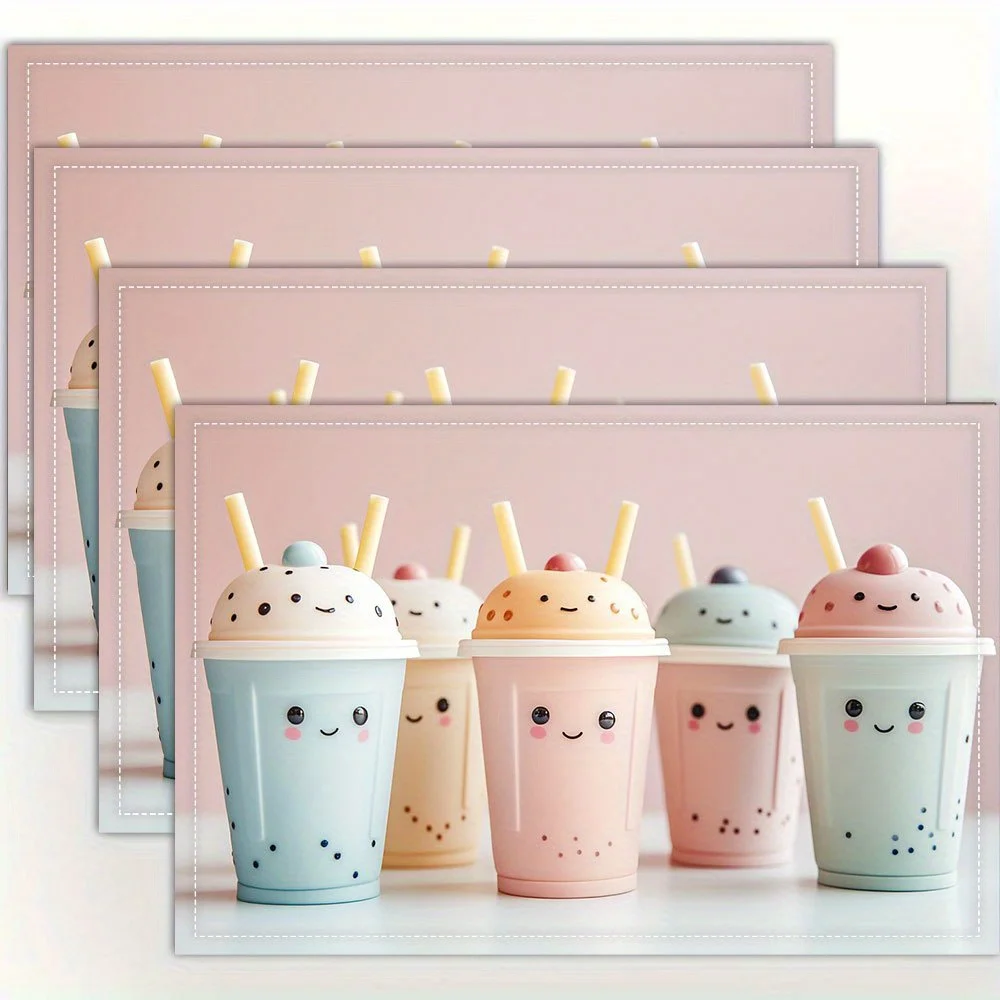 Niedliche Boba-Tee-Tischsets aus Leinen, rosa Bubble-Tea-Tischmatten, Kawaii-Getränke-Küchendekoration, waschbar, hitzebeständig, Esszimmer-Set mit 4 Stück.