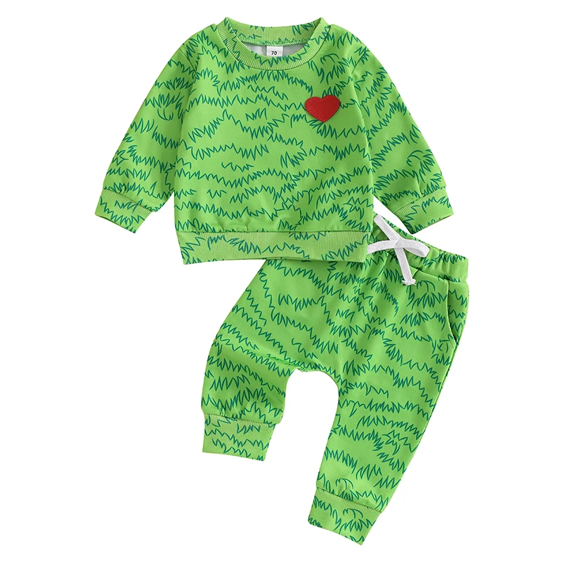 Baby Boy Christmas Outfits Heart Animal Green Long Sleeve Sweatshirt Pants Set Toddler Infant Christmas Clothes