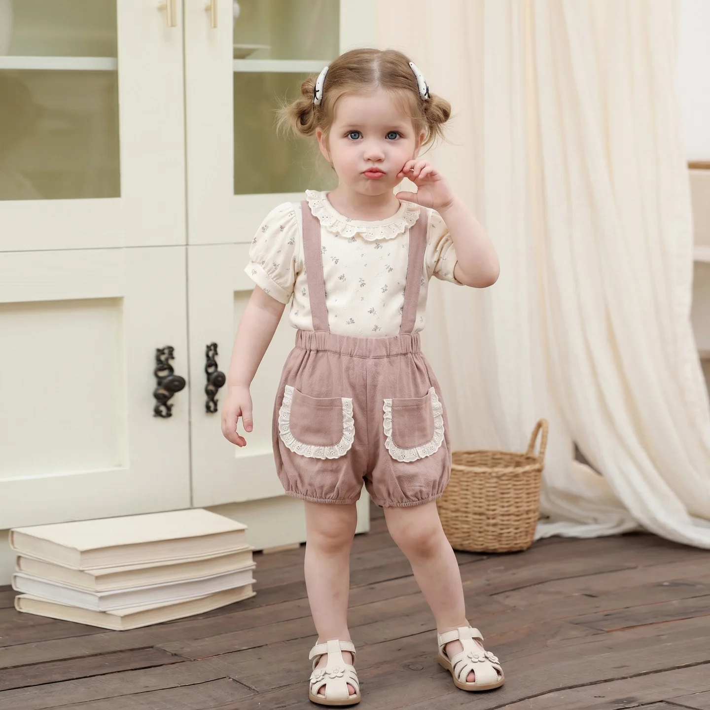 Baby Suit, Summer New Baby Girl Lace Collar Sweet Foreign Floral Top Girls Overalls Two-piece Set