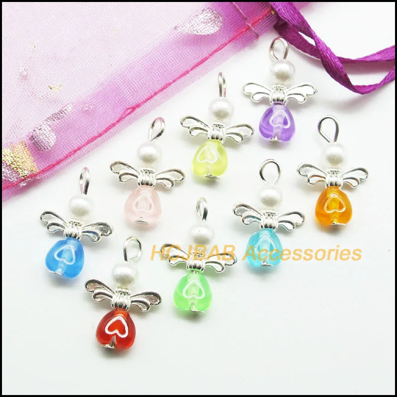 16Pcs Silver Plated Jelly Mixed Acrylic Tiny Heart Angel Charms Pendants 14x20mm