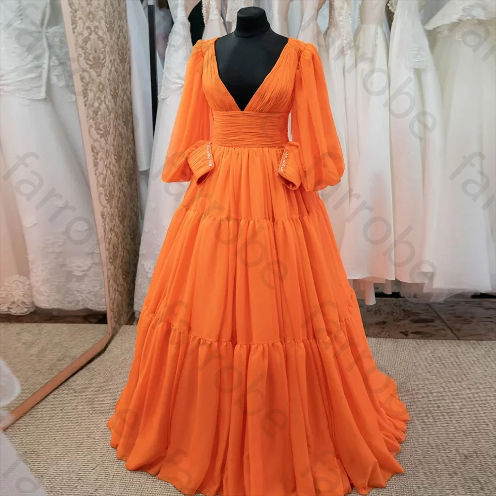 

Customized Sleeves Simple Prom Gowns Orange Chiffon Pleats Sexy Deep V Neck A Line Christmas Evening Dresse Brithday Party Gowns