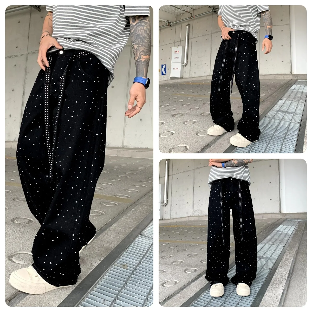 밝은 다이아몬드 넓은 다리 헐렁한 청바지 남성 streetwear 패션 힙합 느슨한 캐주얼 플러스 사이즈 특대 데님 청바지 바지 바지