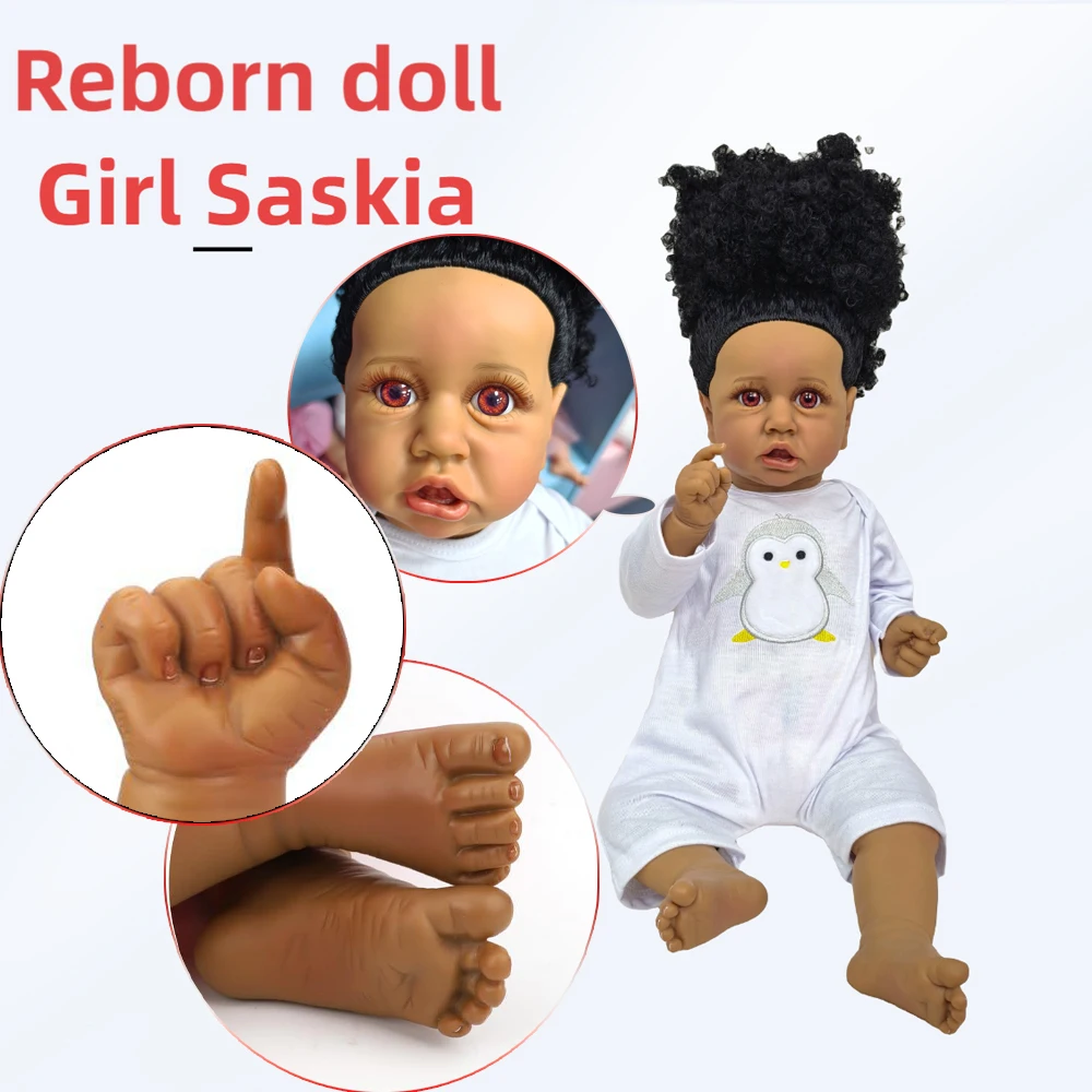 

22 Inch Vinyl Black Reborn Baby Doll, Afro Hair, Realistic Exquisite Facial Features, Black Skin, Black/Mixed-Race Families,