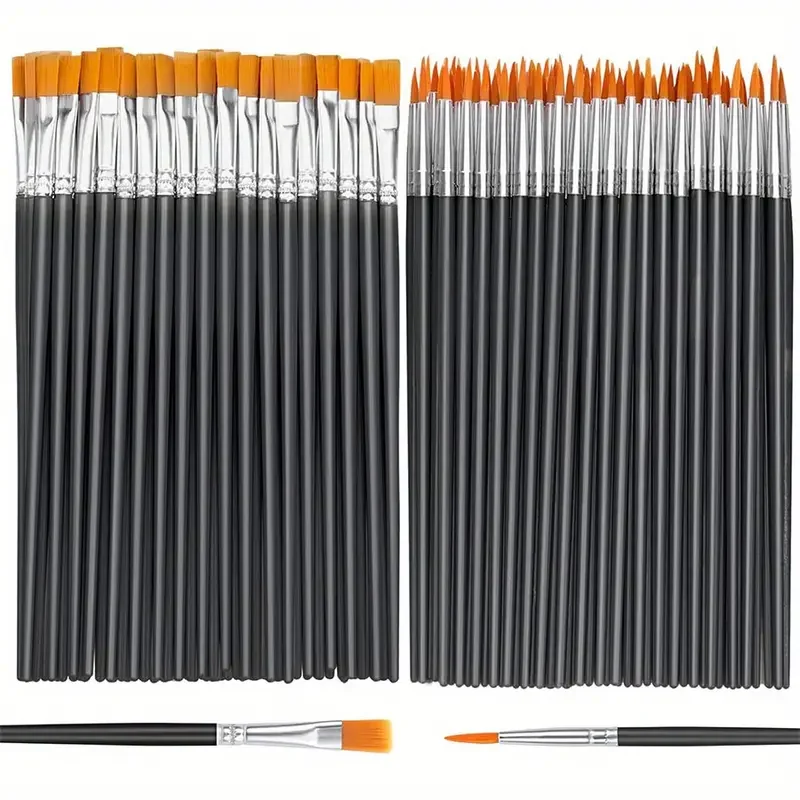 100Pcs Flat And Round Paint Brushes Set,Pointed Flat Nylon Hair Brushes For Acrylic Oil Watercolor Paint Party Painting