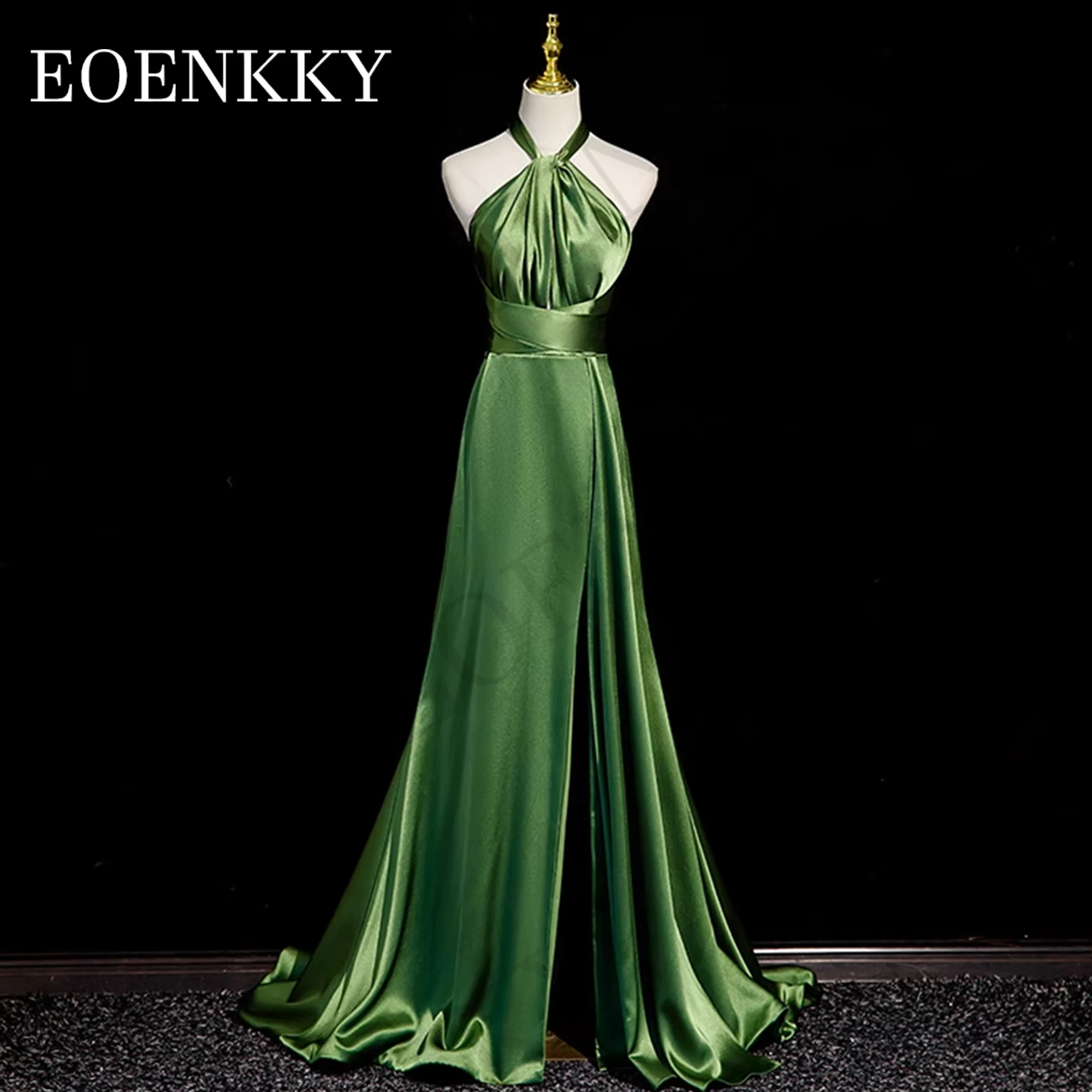 

Green Halter Satin Prom Dress Elegant Backless Split Evening Dresses A Line Bow robe de soirée luxe élégante 2024 Sleeveless