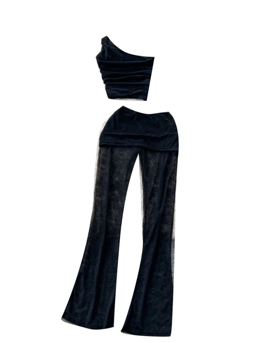 ssTss American Sexy Chaleco ajustado sin mangas con un hombro + Pantalones acampanados de encaje transparentes negros de cintura alta Conjunto de 2 piezas