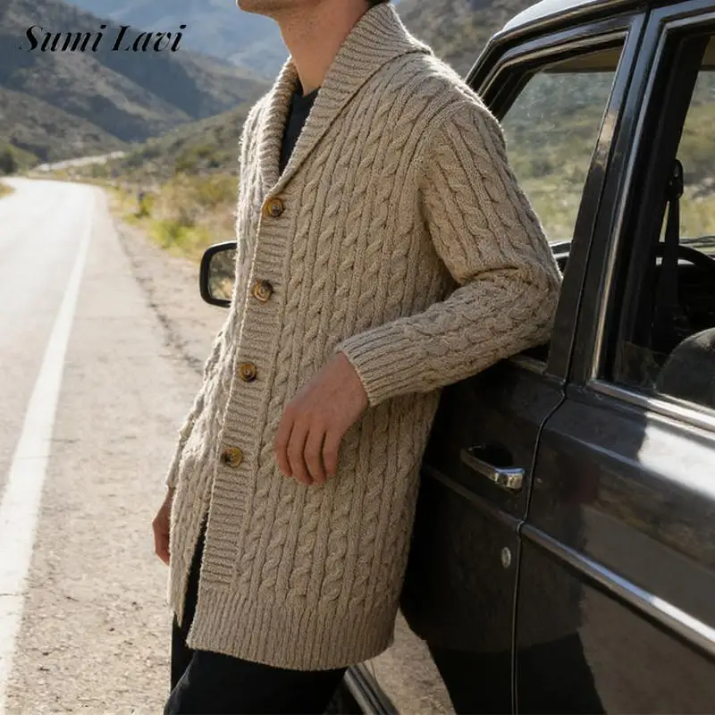 

Autumn Winter Knitting Mid Cardigans Men Vintage Lapel Buttoned Slim Sweater Jacket Coat Mens Casual Knitted Sweatercoats