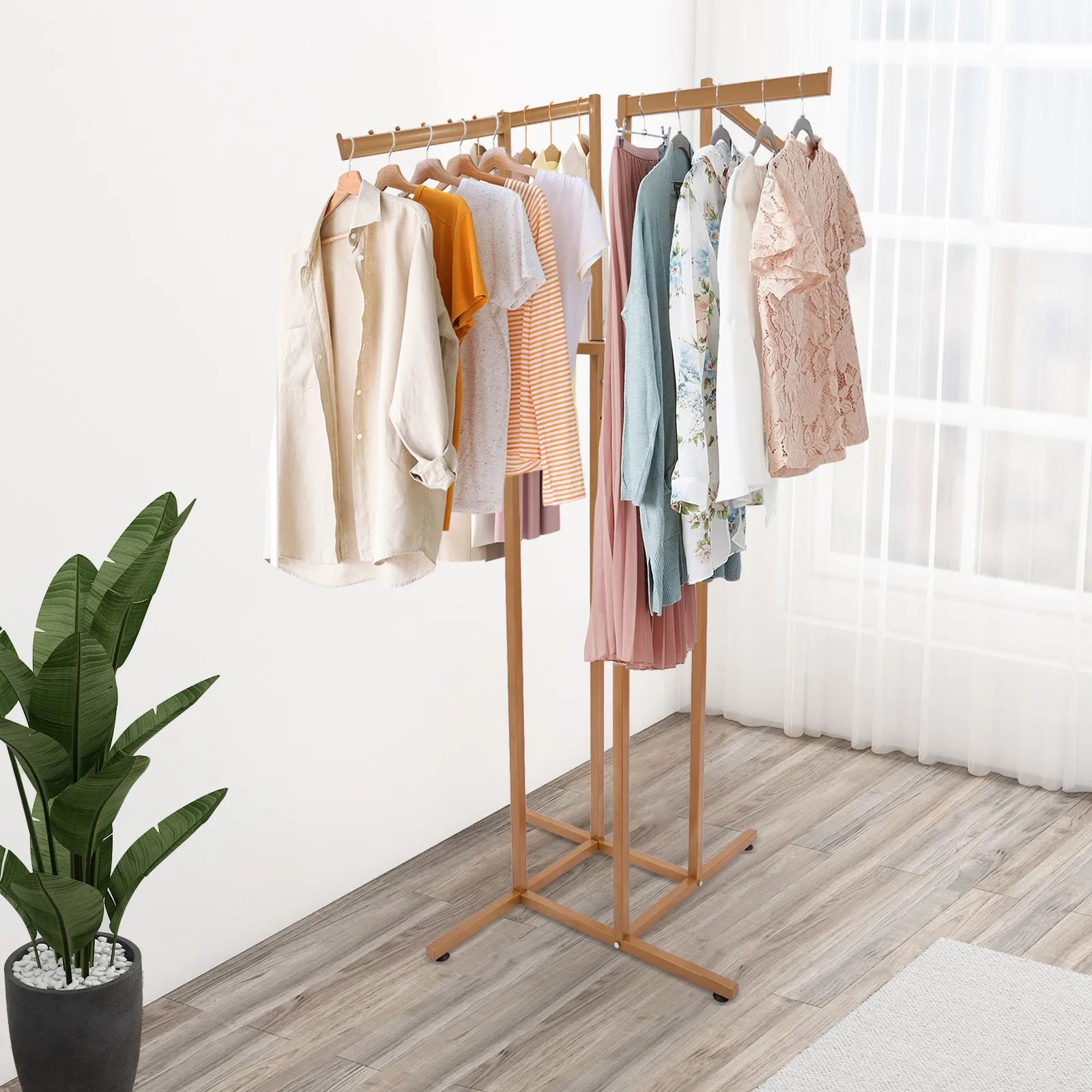 

Adjustable 4 Way Clothing Display Rack For Retail Stores And Bedrooms Sturdy Gold Clothes Organizer