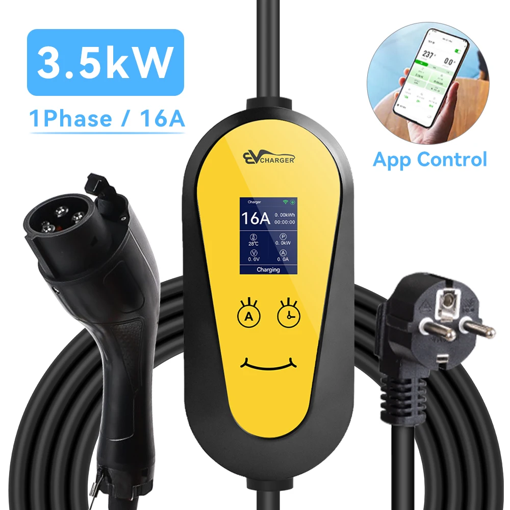 3.5kW Type2 EV Charger Portable 16A IEC 62196-2 GBT EVSE Charging Type1 SAE J1772 Wallbox Wireless APP Remote Control