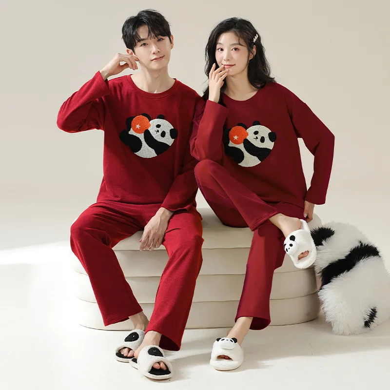 Korean Red Men Pijamas Set Women Pajamas Set Autumn Warm Sleepwear Casual Loungewear hombre Mujer Home Clothing Pyjamas Suit