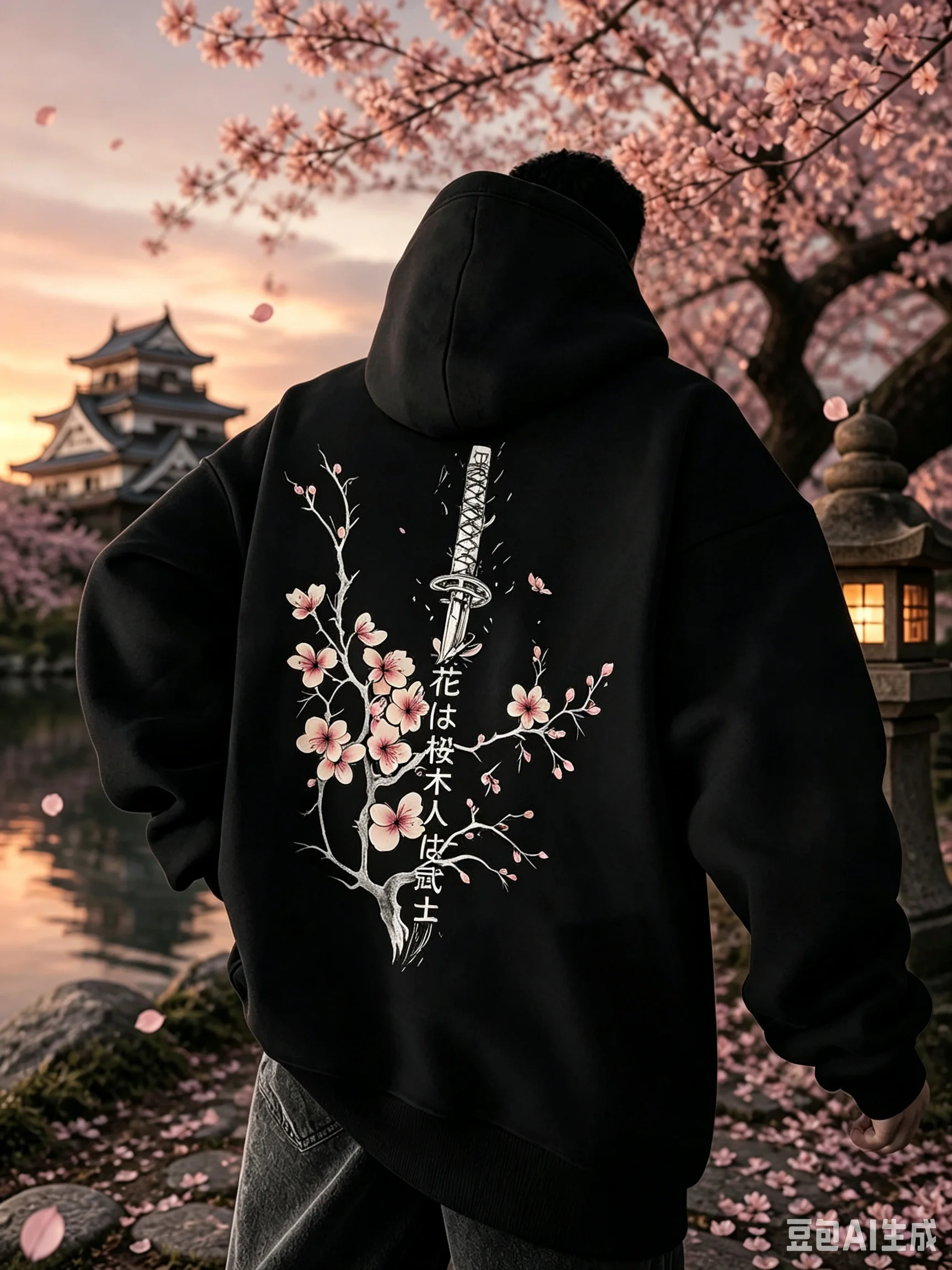 Fall/Winter Men's Casual Hooded Sweatshirt with Cherry Blossom Branch Pattern Print - Japanese Style Dressed-Up Top