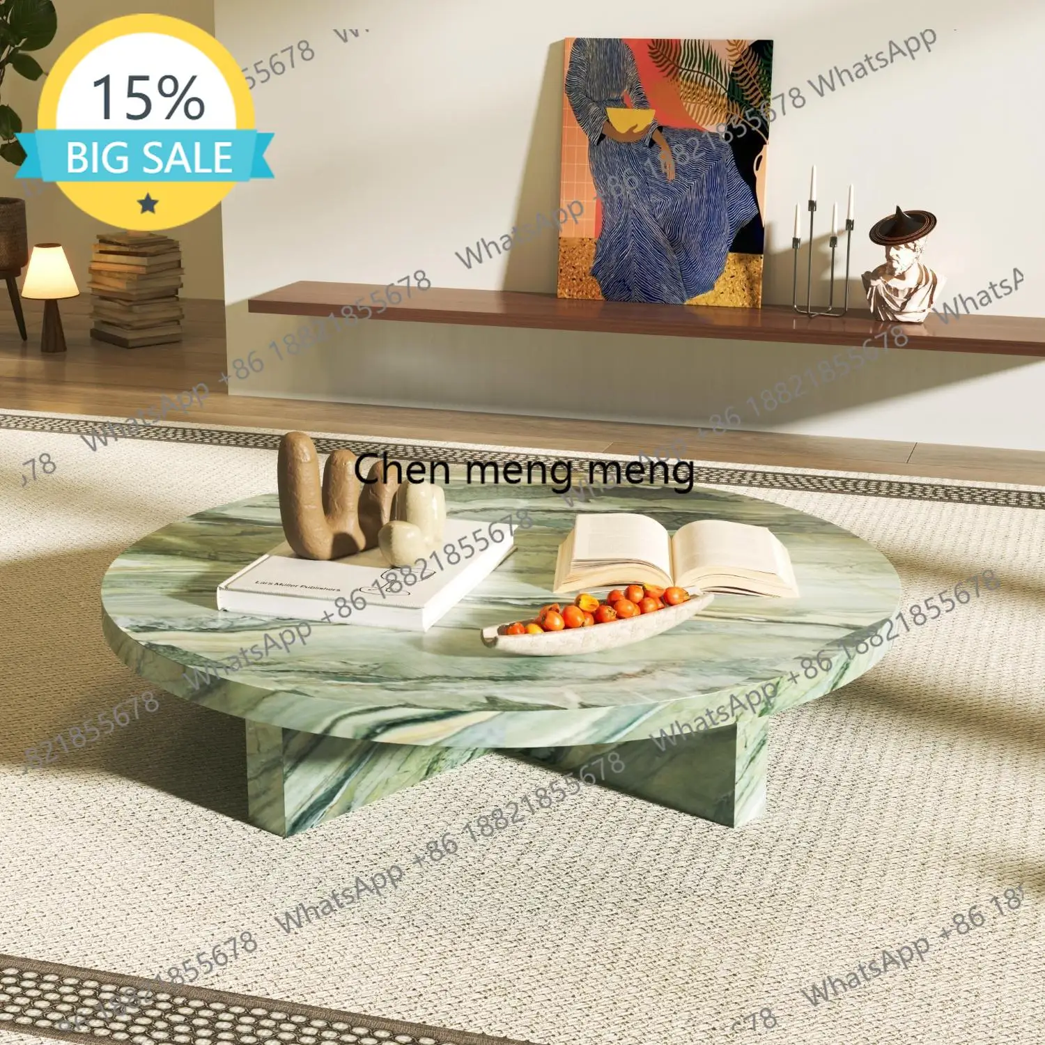 

L07 "Pink Jade Round Coffee Table - Luxury Marble Slate Side Table for Spacious Living Room, High-End Stone Tea Table"