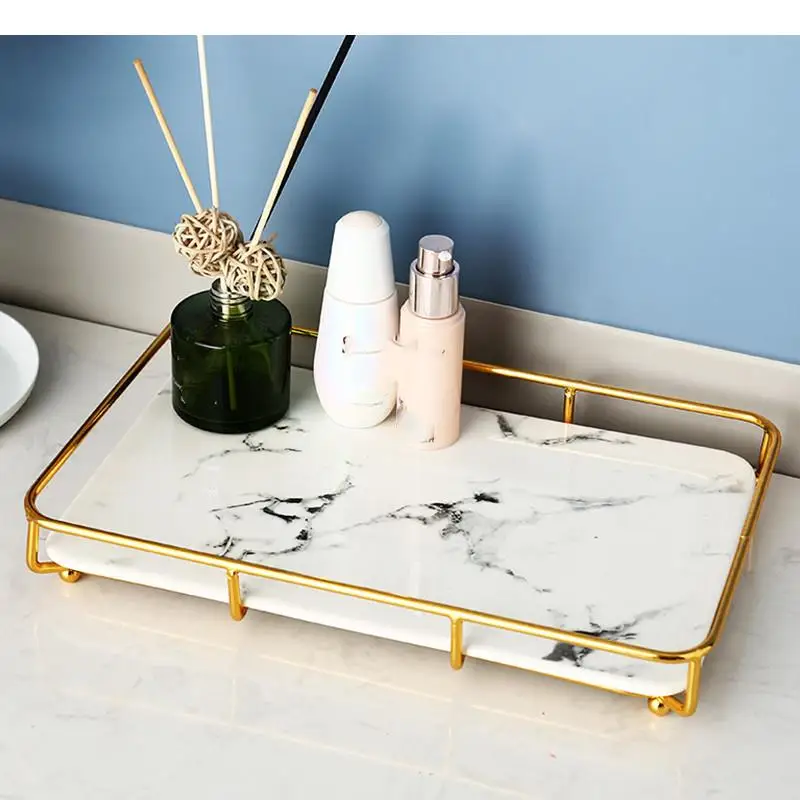 

Bathroom European Style Cosmetic Storage Rack Marbling Ceramics Desktop Metal Sector Corner Tray Rectangular Organize