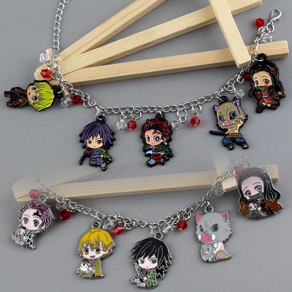 Anime Demon Slayer Kimetsu no Yaiba pulsera Tanjirou Nezuko brazalete de Metal para hombres Cosplay personaje de dibujos animados colgante joyería