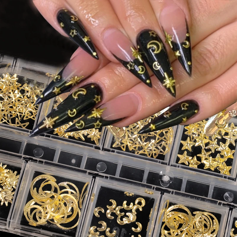 

12Grids Gold Star Moon Nail Charms Metal Slice Rivet Nail Rhinestones DIY 3D Flatback Nail Art Decorations Manicure Accessories