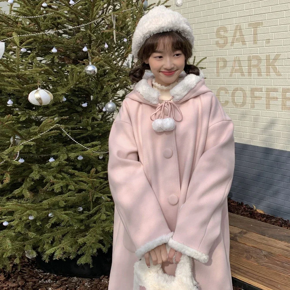 Coalfell Japanese Sweet Girls College Style Woolen Coat 2023 Winter Soft Glutinous Fur Edge Medium Length Woolen Coat Coat Girl