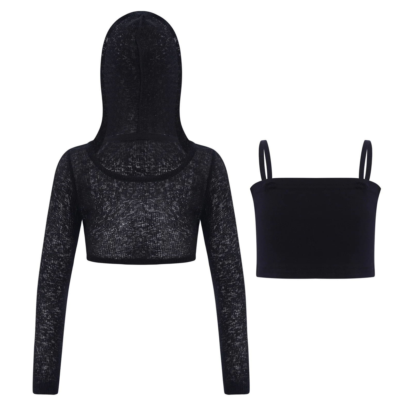 Costume de danse Jazz Hip Hop pour enfants filles, haut court transparent à capuche à manches longues avec bretelles Spaghetti, Camisole Style danse de rue