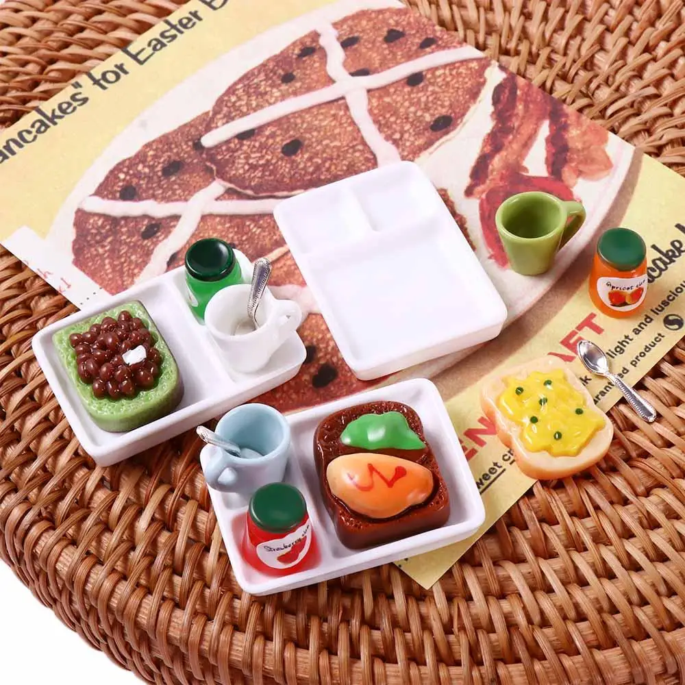 1 Set Dollhouse Miniature 1:12 Toast Bread Jam Plate Set Food for Doll House Decor Kitchen Toys