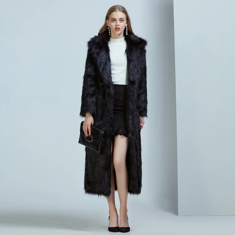 

Luxury Women Mink Fur Jacket Polo Neck Solid Long Hair Female's Artificial Fur Coat Long Over The Knee Eco Fur Coat For Lady