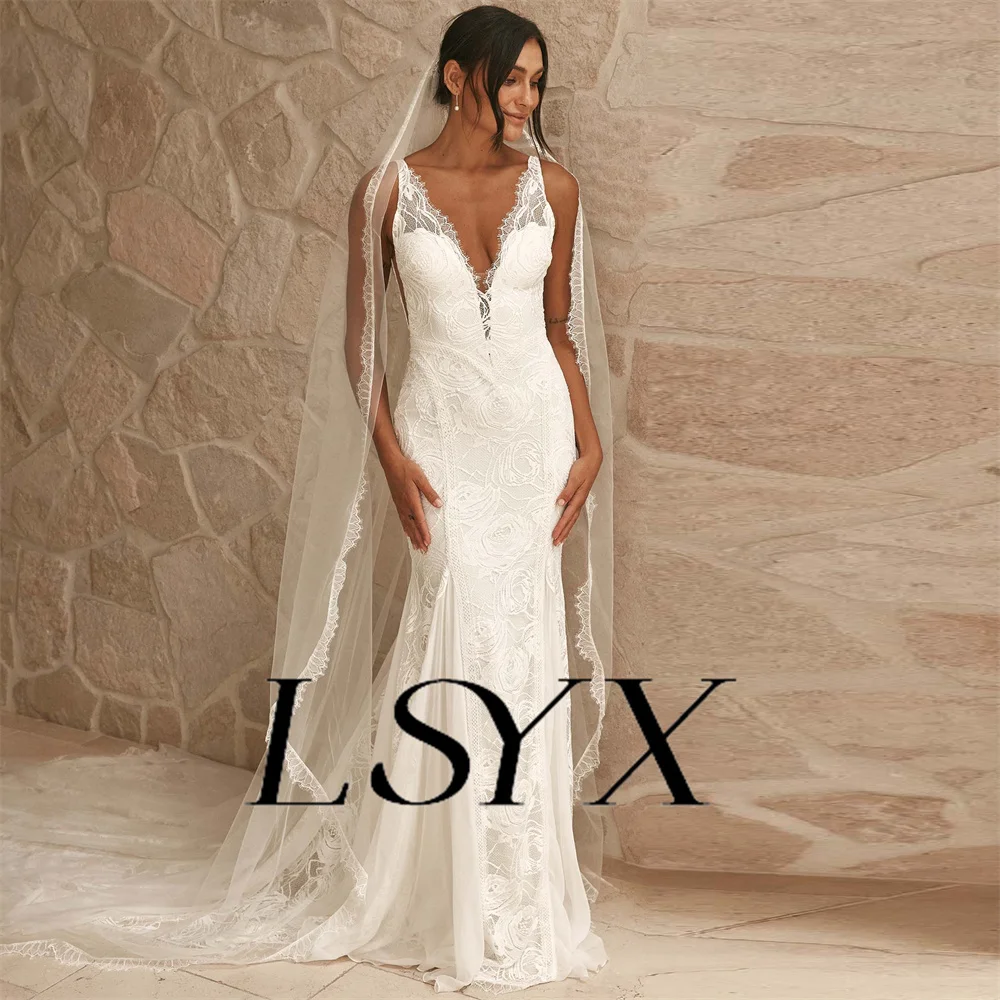 LSYX Deep V-Neck gaun pernikahan putri duyung sifon renda tanpa lengan tali Spaghetti gaun pengantin buatan khusus