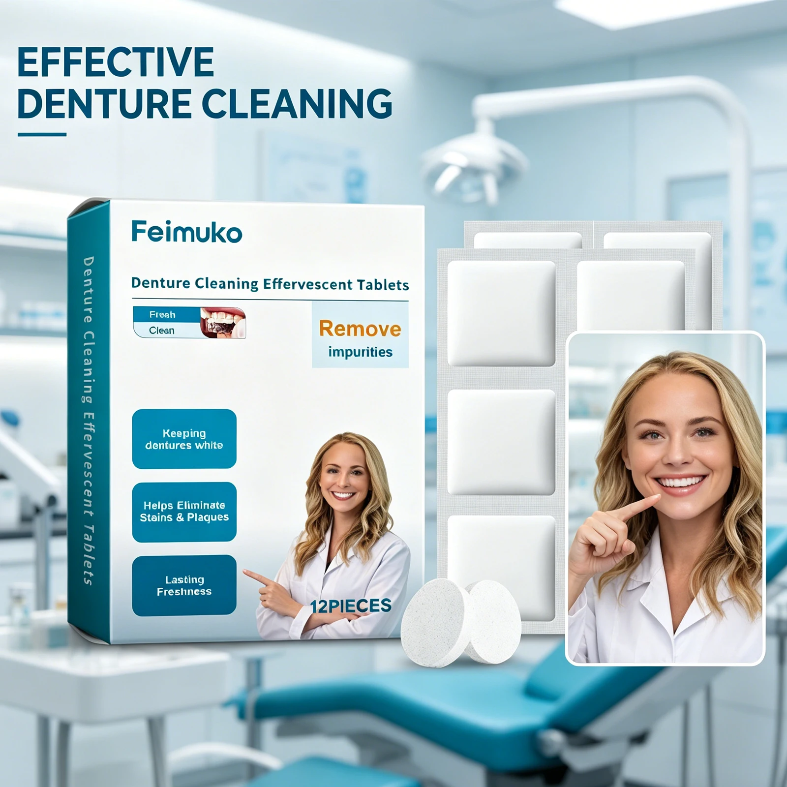 Denture Cleanser Effervescent Tablets Clean Fresh Breath Remove Stains Odors for Denture Retainer Mouth Guard Odor Eliminator