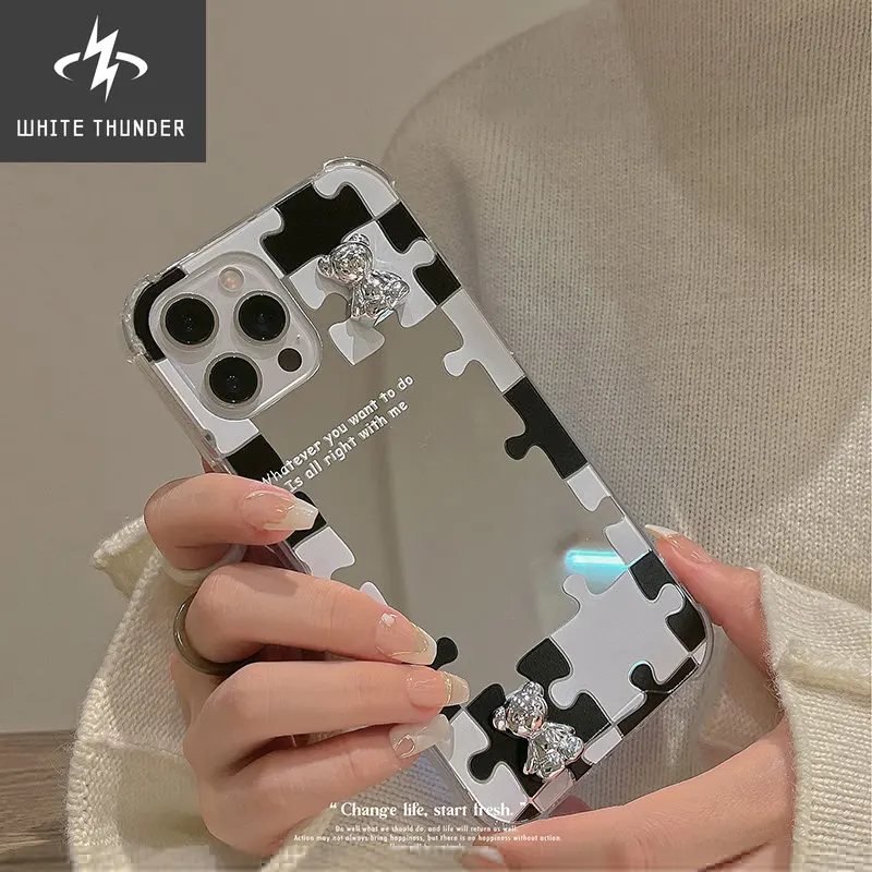 Japan Korean Mirror Puzzle 3D Silver Bear Soft Case For IPhone 7 8 Puls X XR XS 11 12 13 Pro Max Lovely Protective Back Cover