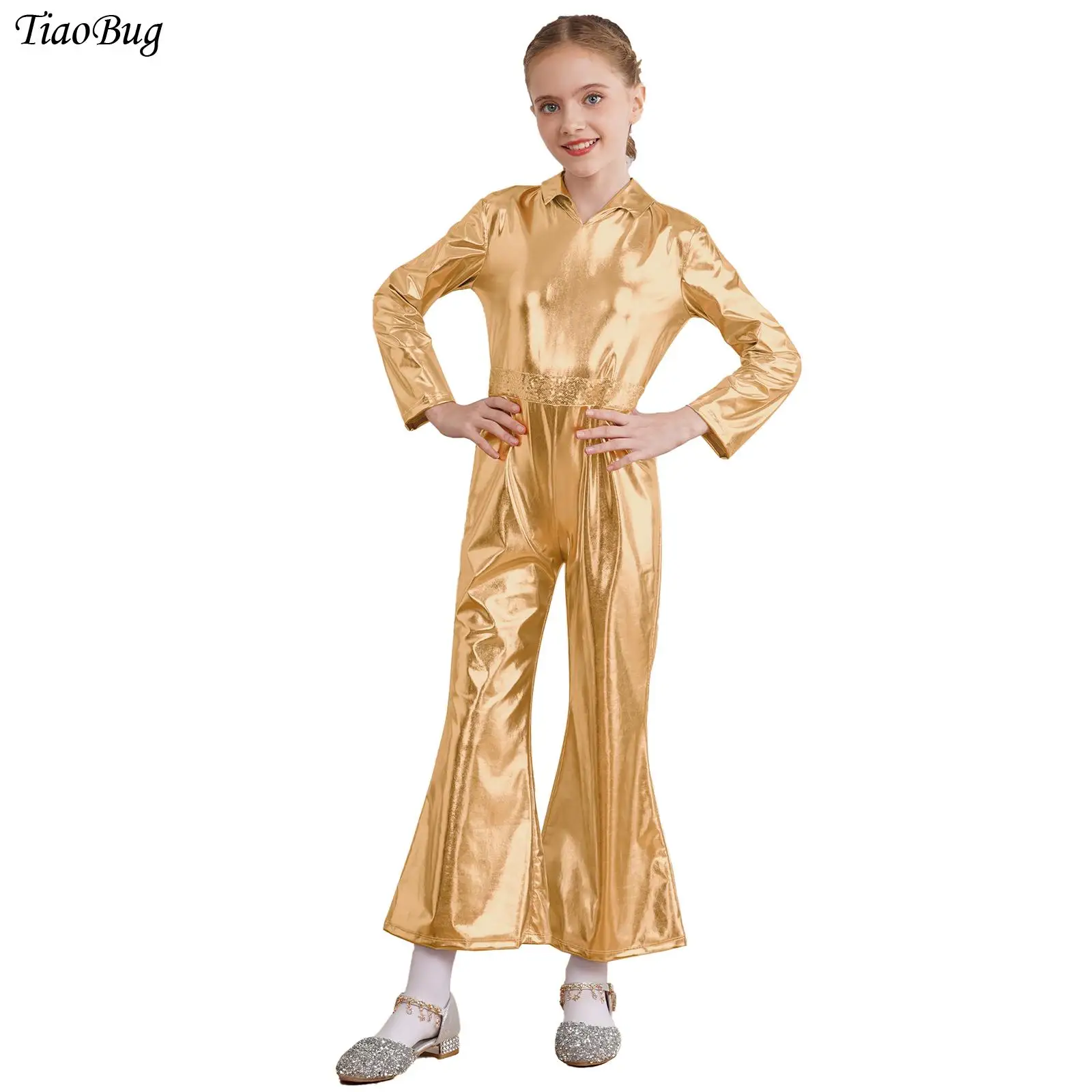 

Boys Girls Disco Dance Jumpsuit Halloween Cosplay Stage Performance Costume Metallic Shiny Long Sleeve Bell-Bottomed Leotard