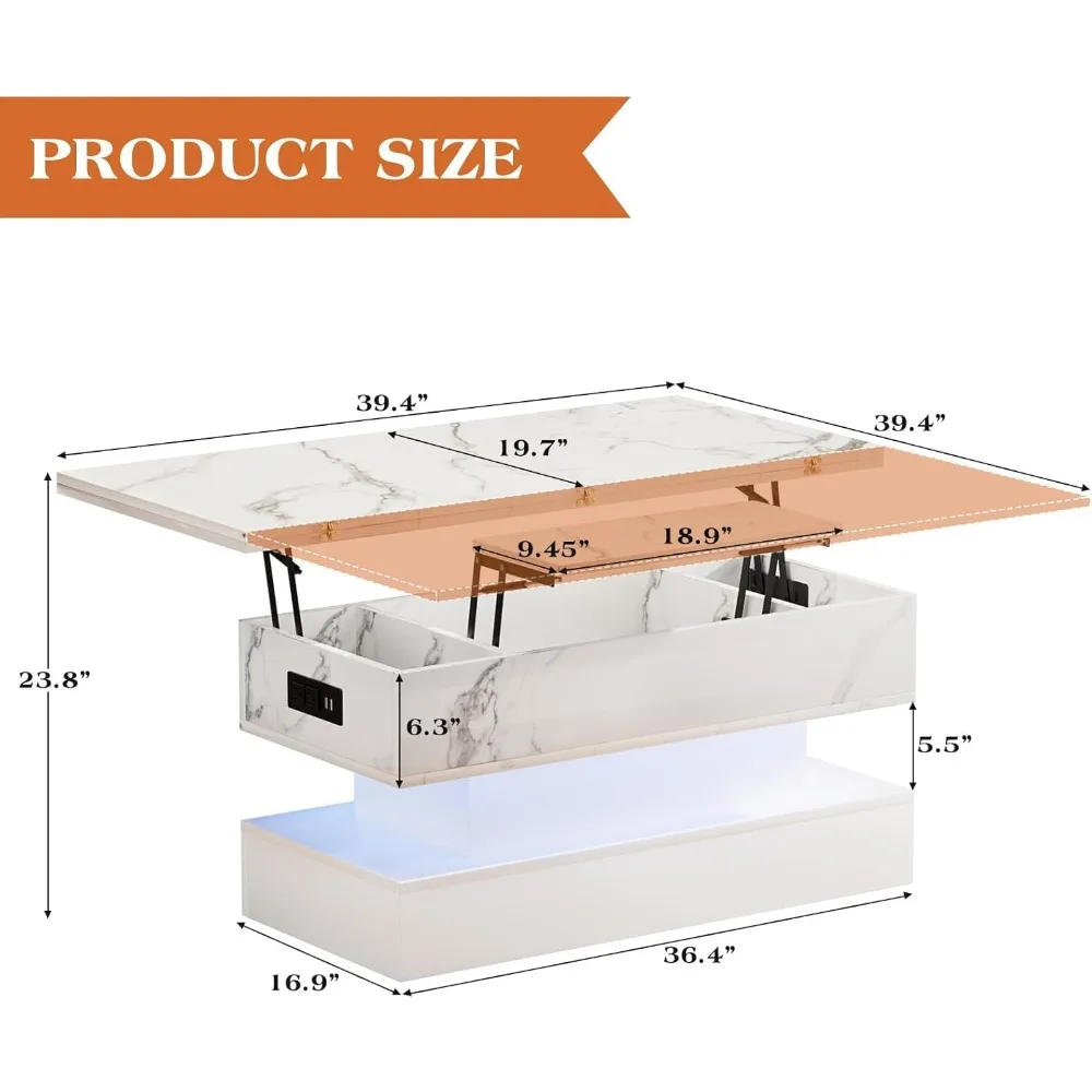 Charging Station Coffee Table with LED Light and Storage, High-Gloss Marbling Print