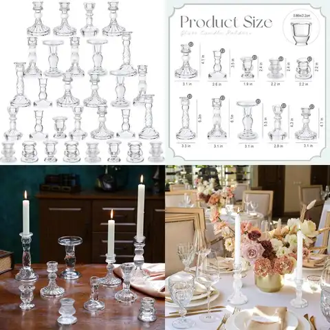 Portavelas cónicos de cristal, paquete de 30 candelabros de cristal transparente para velas de 0,8 pulgadas, accesorios decorativos para velas de cristal