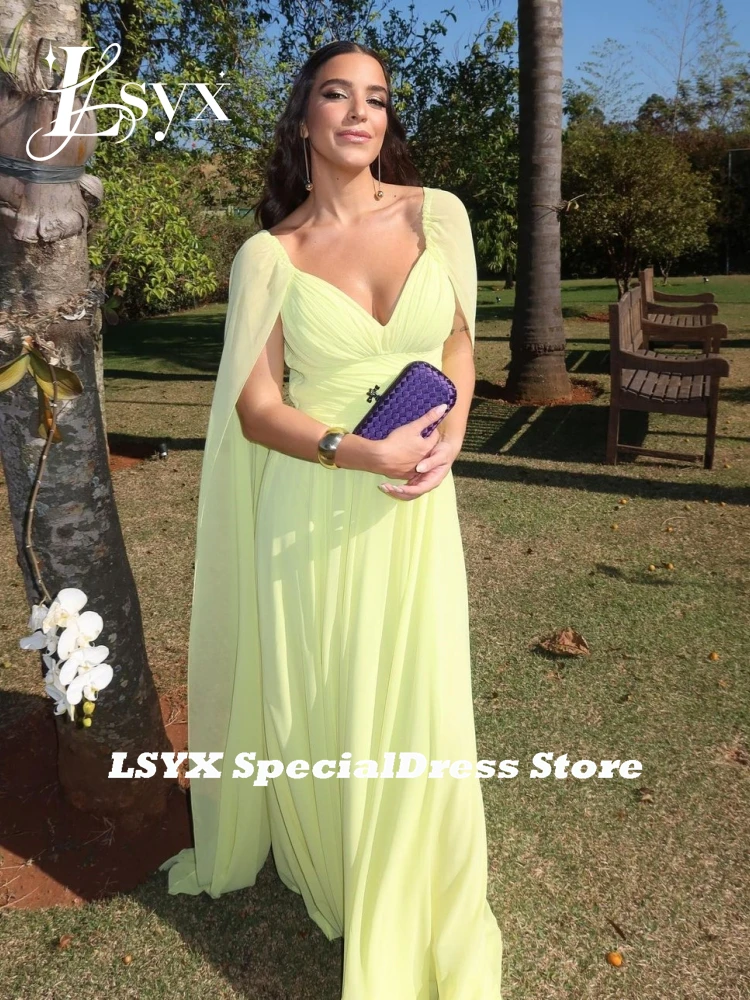 LSYX Saudi Arabia V-neck Chiffon Floor length Evening Dress Cape Sleeves Simple Pleats Ruching A-line Prom Gown