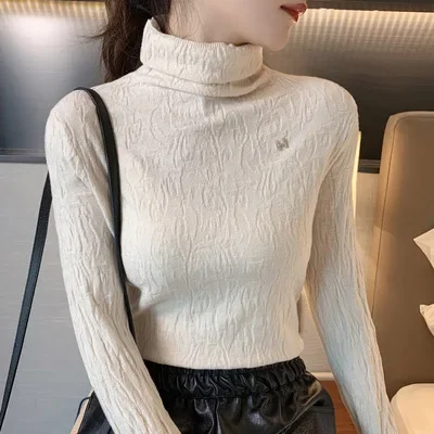 Christmas Frilly Sweater Thin All-match Pullover Full Sleeve Turtleneck Elegant Solid Casual Elastic 2023 New Autumn Korean Tops