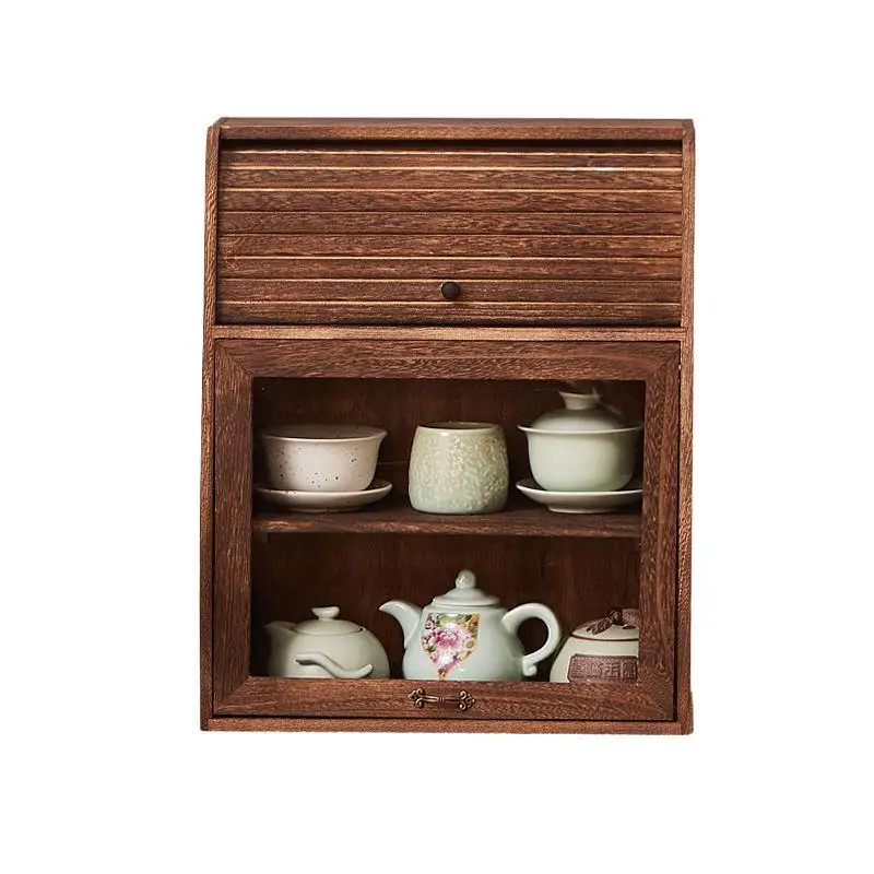 

Solid wood Chinese tea set Pu'er tea storage room cup rack, dust-proof rolling shutter door storage cabinet tea cup