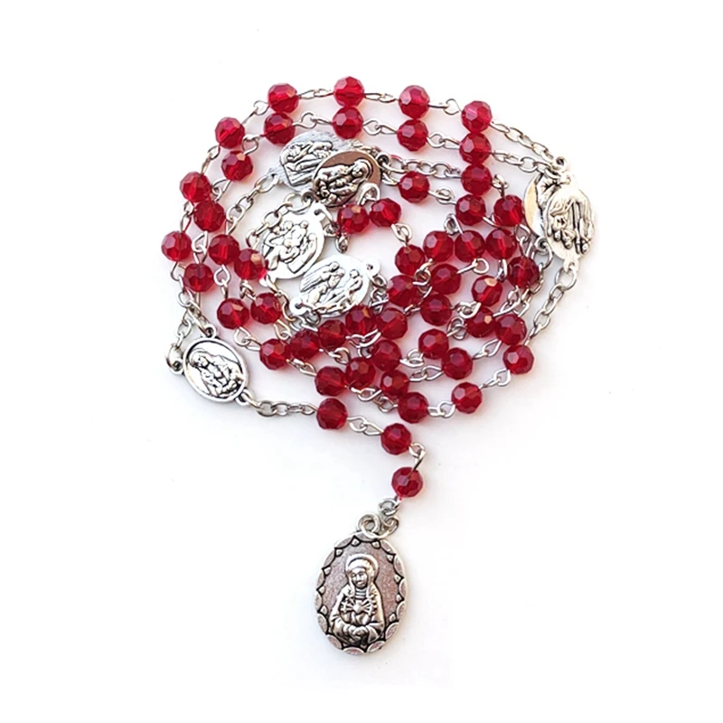 Seven Sorrows Crystal Beaded Rosary Necklace For Women Catholic Pray Pendant  Jewelry Red White Pink Blue