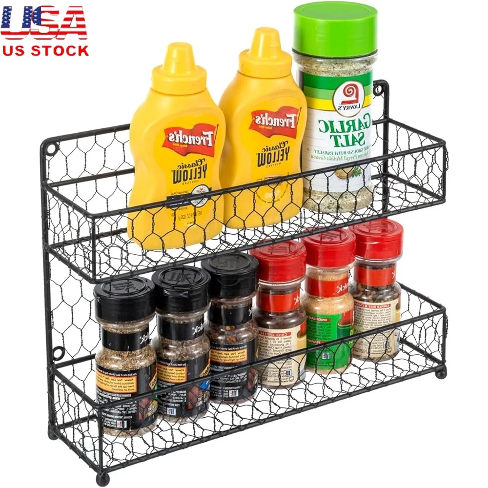 

Metal Wire Spice Rack Wall Mount Kitchen Countertop 2-Tier Storage Organizer Seasoning Jars Rustic Country Style Black