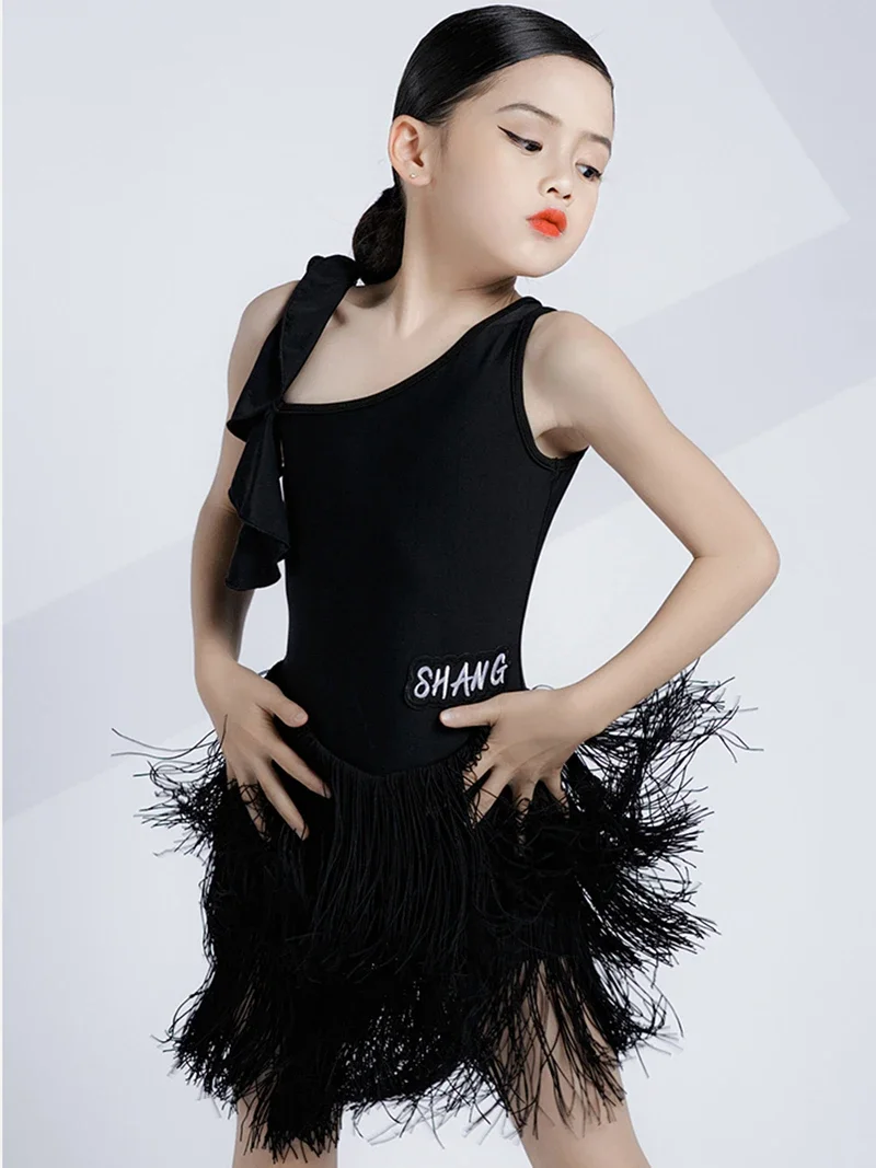 

Children Lotus Leaf Edge Tassel Professional Latin Dance Dress Kids Girls Bodysuit Skirt Suit Ballroom Dancing Chacha Costume