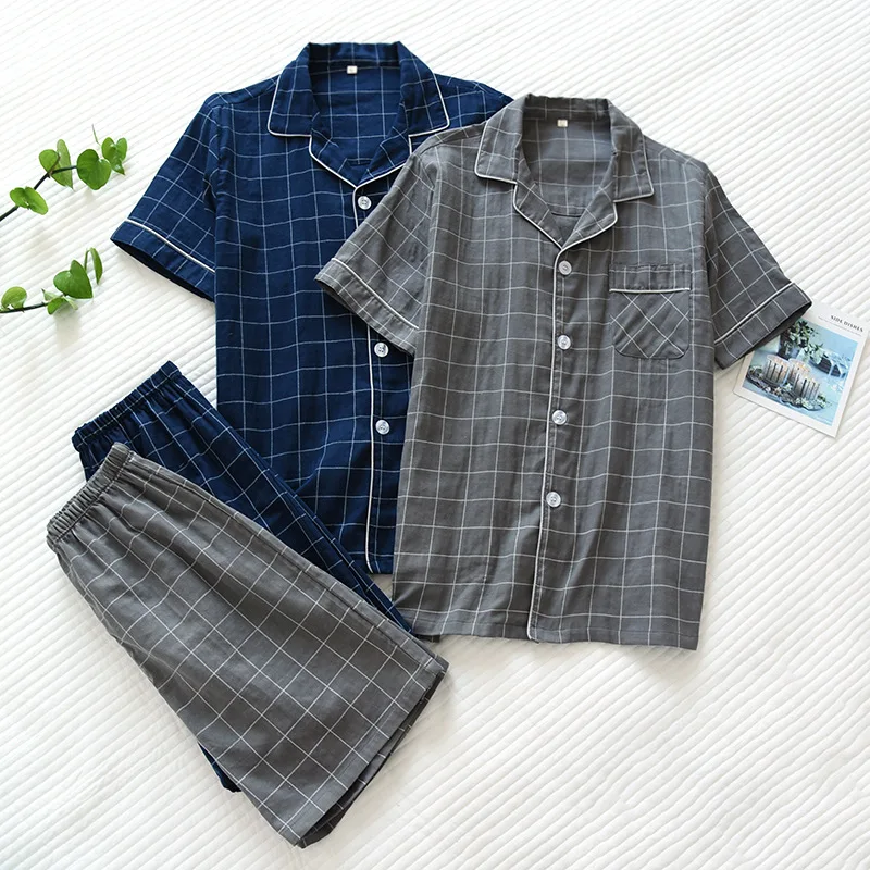 Novedad de verano, pijamas para hombre, pantalones cortos de manga corta de gasa 100% algodón de dos piezas, traje de servicio doméstico