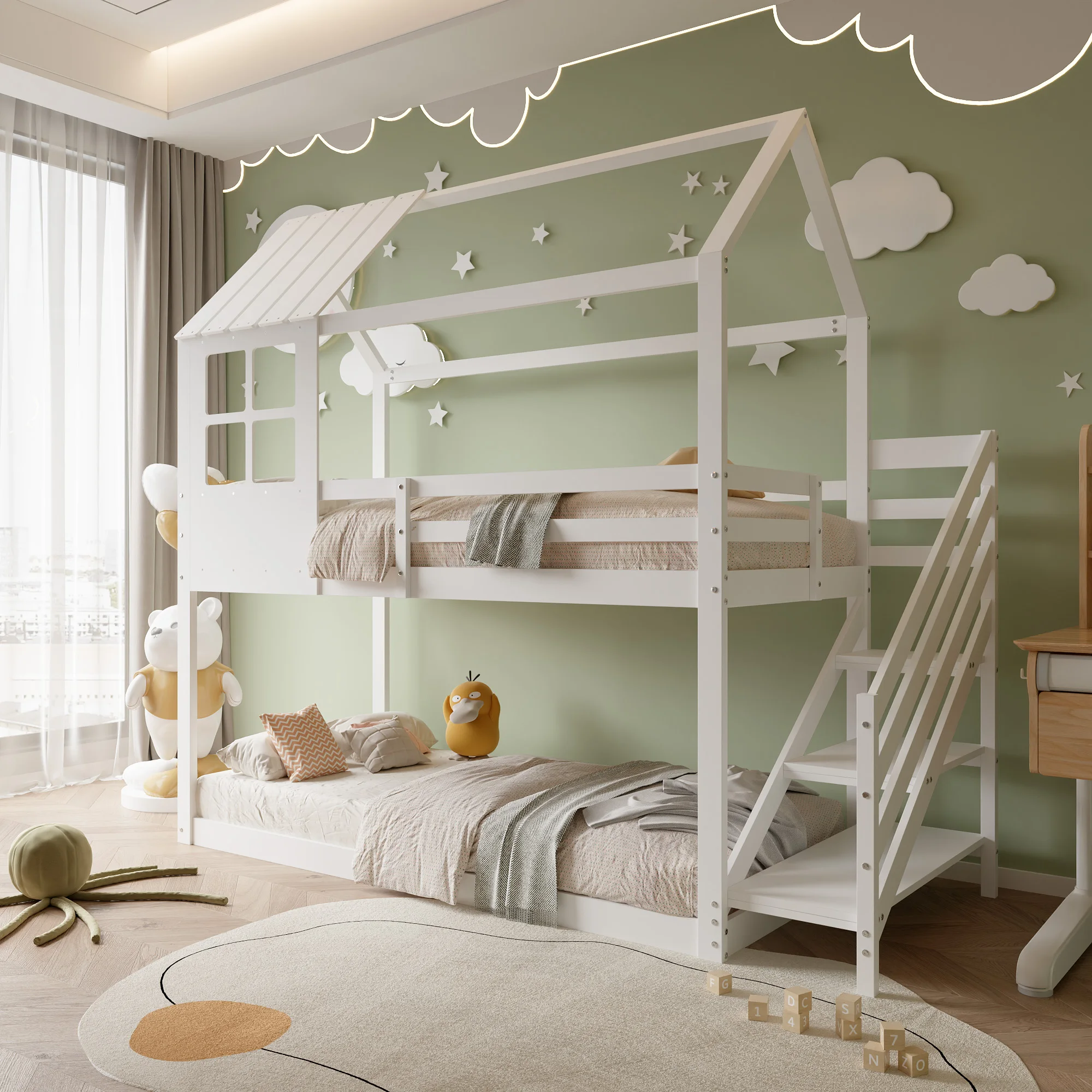 200x90cm Doppelbett, Bett mit Ecktreppe, Hausbett, Kinderbett mit Fallschutz und Gitter, mit Fenster, Gestell aus Kiefernholz