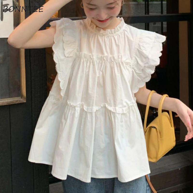 Flying Sleeve Blouses Women Ruffles Aesthetic Summer Simple Kawaii Temper Girl Streetwear Clothing Tender Casual Daily Basics