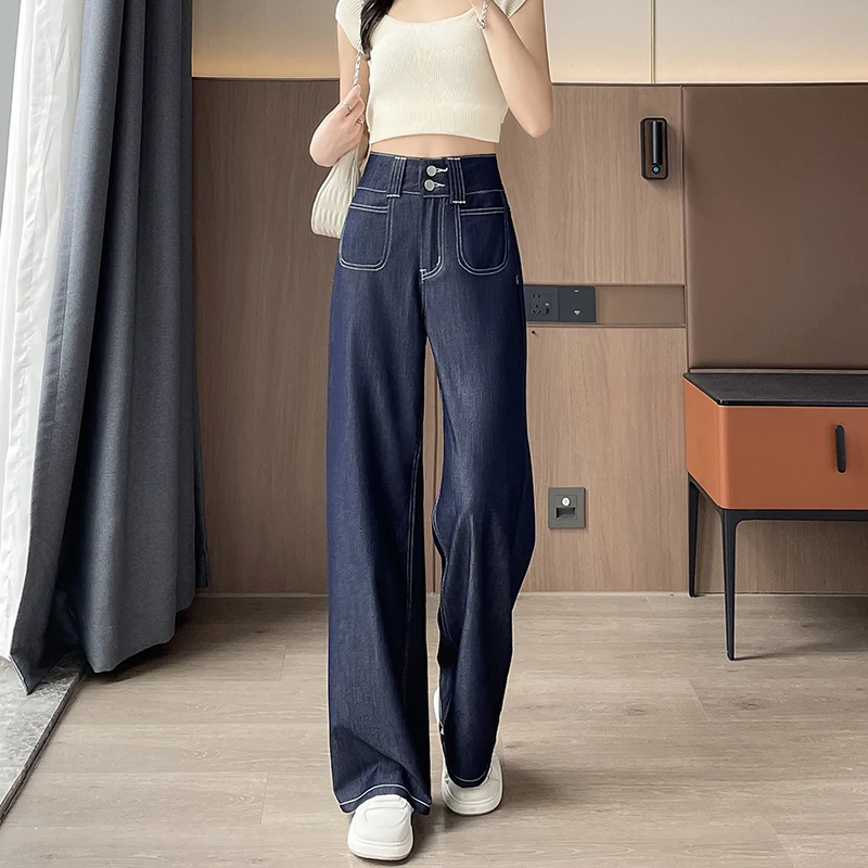 

Ultra-Thin Ice Silk Women's Straight Leg Jeans Summer Non-Fading Casual High Waist Wide Leg Pants Breathable Comfortable
