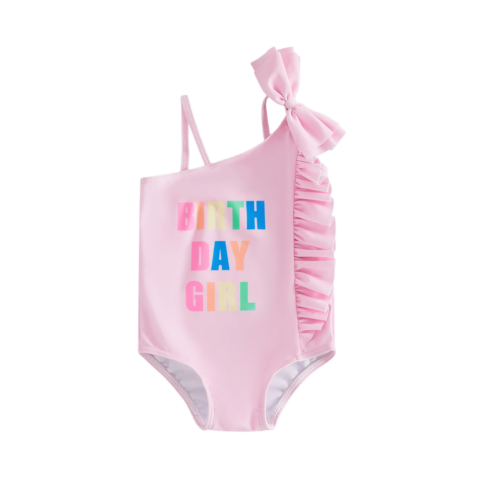 

Детские купальники для девочек с буквенным принтом, асимметричным бантом и рюшами, без рукавов, для малышей, пляжная одежда