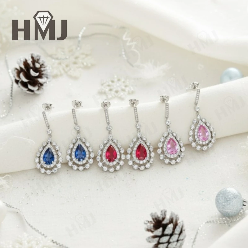 

3.3-3.7CT Lab Grown Gemstone Earrings Water Drop Ruby Sapphire Padparadscha S925 Long Exquisite Luxury Ear Studs Christmas Party