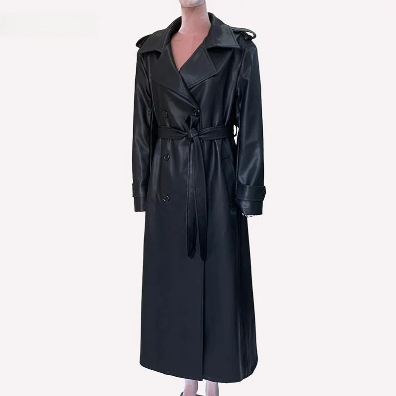 ネラッズーリ 韓国風 PUレザー ジャケット レディース エクストラロング ショルダーパッドコート 2024新作 ファッション 通勤 防風