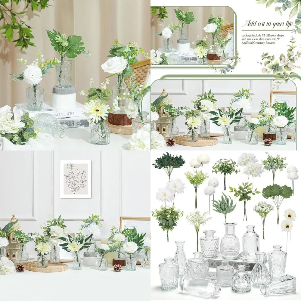 

12-Piece Glass Vase Set with 108 Silk Flowers and 96 Greenery Stems for Elegant Table Centerpieces and Home Decor