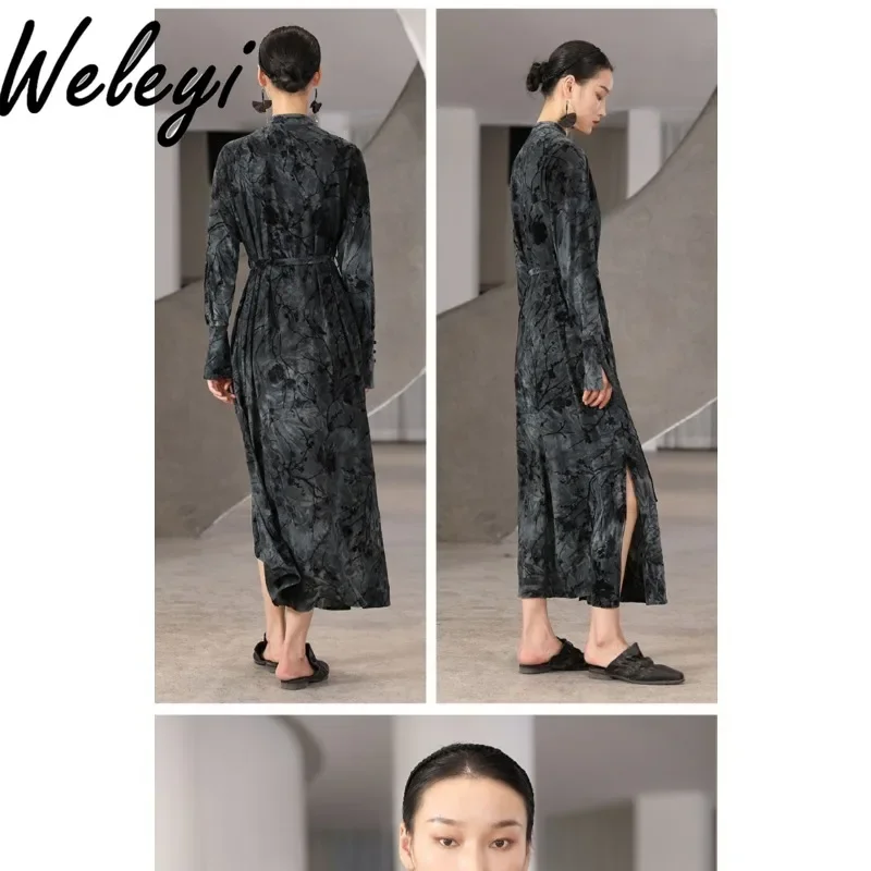 Super bello Nuovo Cheongsam Cinese Abiti Migliorati Ropa Mujer 2024 Primavera Retro Kleider Esteso Floccaggio Cravatta Tinto Abito di Velluto