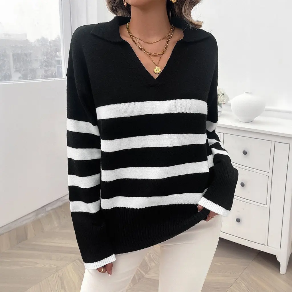 

Diyun Women's Casual Striped Sweater Loose Fit Contrast Lapel Top for Fall/Winter Fashion European American Style