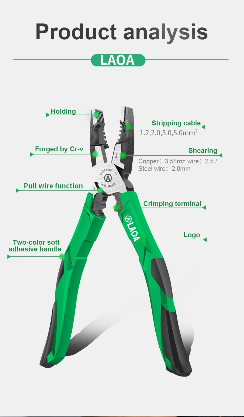 LAOA Professional CRV Multifunktions-Drahtschneider, lange Nase/Diagonalzange für Elektriker mit Abisolierzange – Detail 6