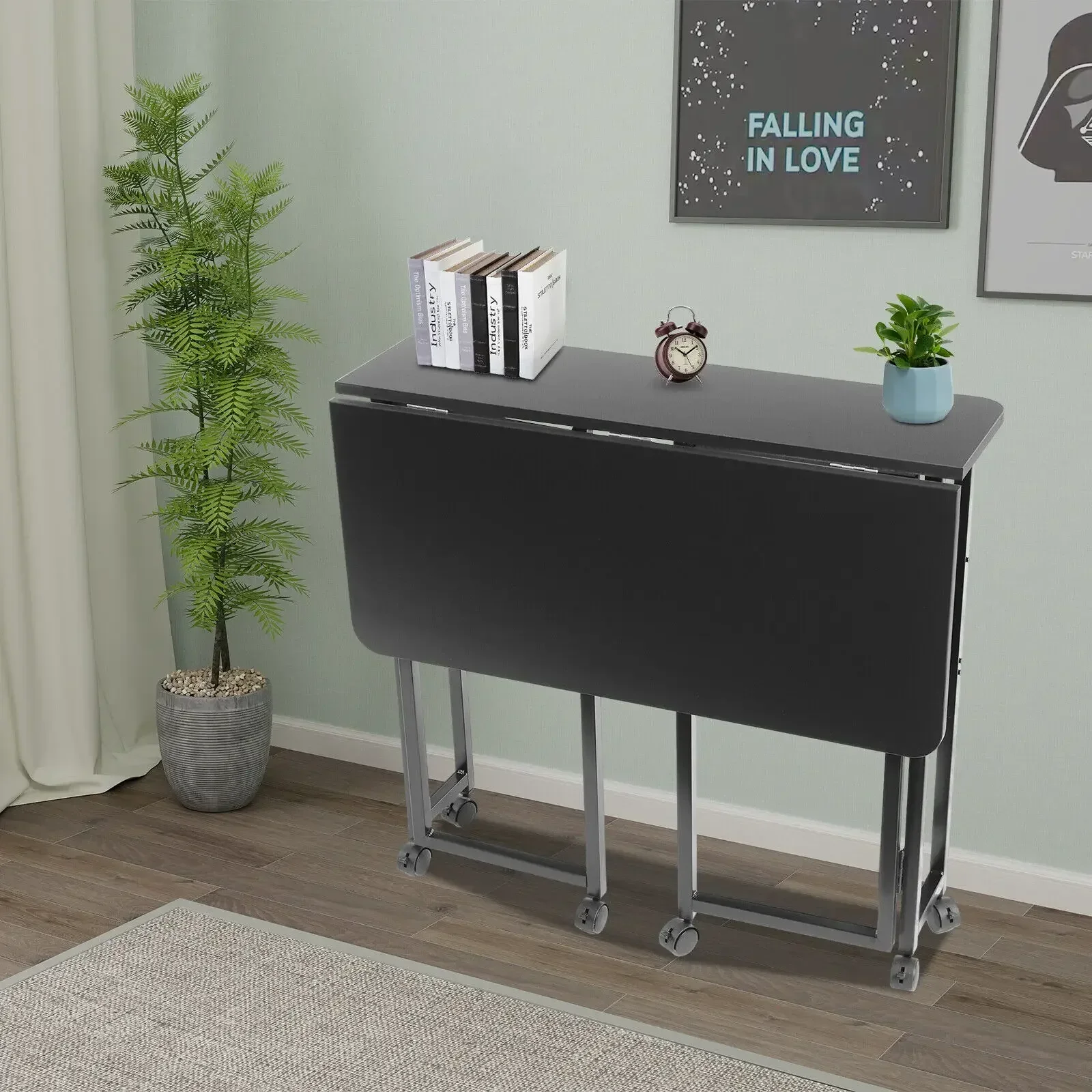 

36 Inch Foldable Table w/ Wheels & Bookcase - Mobile Desk for Home Office, Events | Black