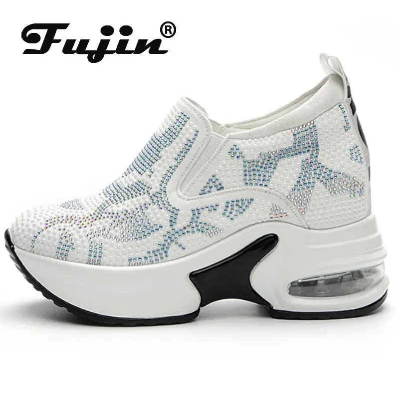 Fujin 9cm Denim Boots Women New Style for Autumn Summer Sexy Fashion Ankle Platform Wedge Bling Rhinestones Hidden Heels Boots