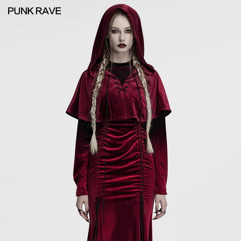 PUNK RAVE – cape d'elfe perdue en velours élastique pour femmes, minimaliste, à capuche, ourlet Long dans le dos, boules de fourrure flexibles, petit manteau trois couleurs