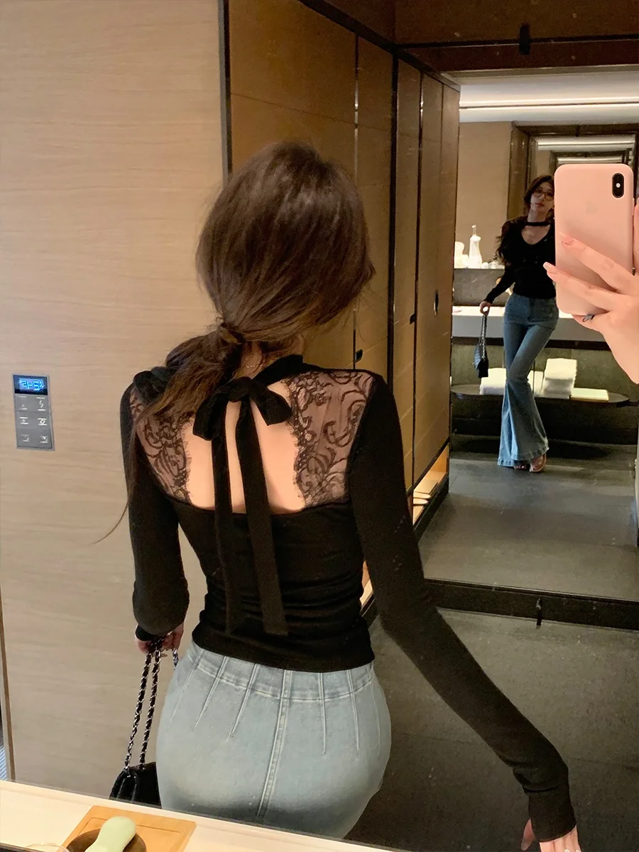 

Женский вязаный топ Achi Bla Lace Splice V-Ne Long Sve Ele Slim Fit Base irt Commute Sle Faionable Top